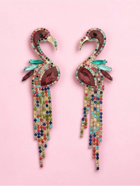 Celebrate Together Jewelry - Multicolored Tropical Dangle Tassel Drop Flamingo Bird Rhinestone Earrings